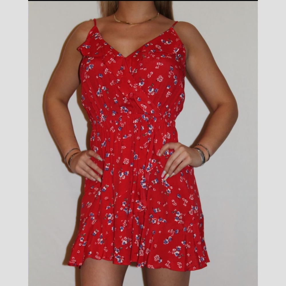 EXPRESS Red Floral Ruffle Wrap Cami Mini Dress